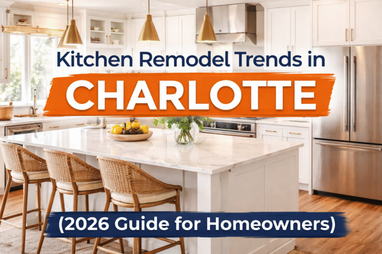Modern kitchen remodel in Charlotte featuring quartz countertops, warm neutral cabinets, and island seating showcasing 2026 kitchen design trends