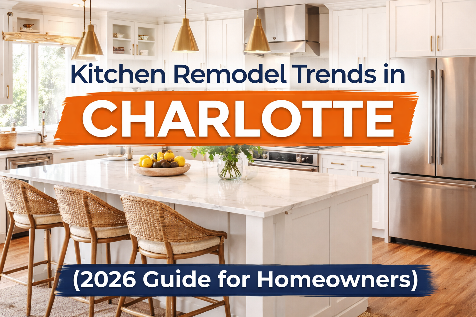 Modern kitchen remodel in Charlotte featuring quartz countertops, warm neutral cabinets, and island seating showcasing 2026 kitchen design trends